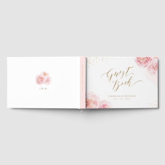 エレガント書道金ゴールドと赤面フローラ結婚の ゲストブック (全面)