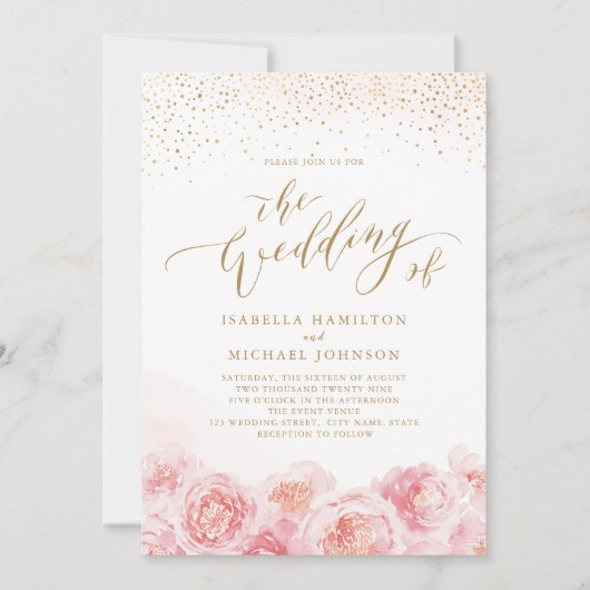 エレガント書道金ゴールドと赤面フローラ結婚の 招待状 (正面)