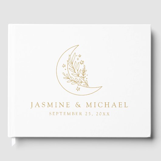 エレガント月と星の金ゴールド写真結婚の ゲストブック (正面)