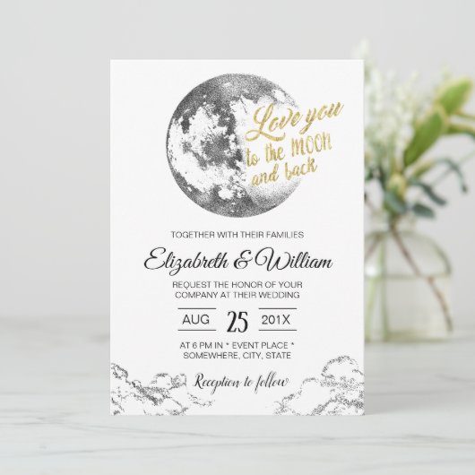 エレガント月金ゴールドタイポグラフィクレセント結婚ズ 招待状 (スタンド正面)