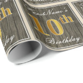 エレガント木フェイク材、フェイク金ゴールド10番目の誕生日+名前 ラッピングペーパー (ロールコーナー)