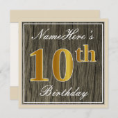 エレガント木フェイク材、フェイク金ゴールド10番目の誕生日+名前 招待状 (正面/裏面)