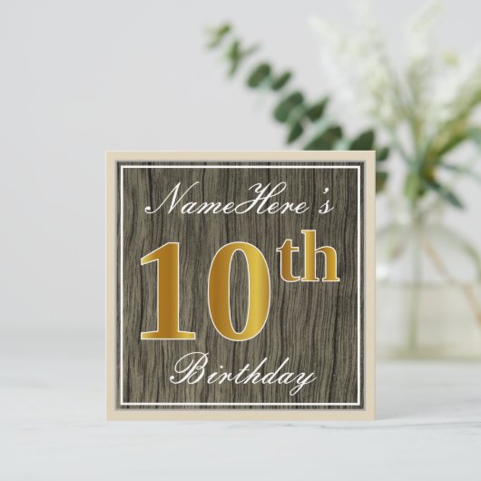 エレガント木フェイク材、フェイク金ゴールド10番目の誕生日+名前 招待状 (スタンド正面)