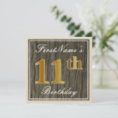 エレガント木フェイク材、フェイク金ゴールド11誕生日+名前 招待状 (スタンド正面)