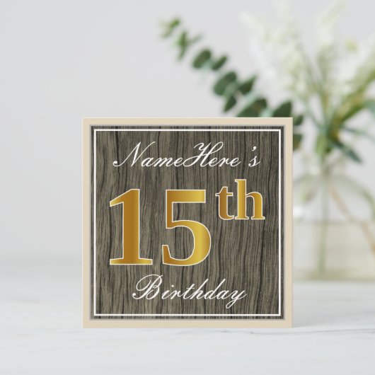 エレガント木フェイク材、フェイク金ゴールド15誕生日+名前 招待状 (スタンド正面)