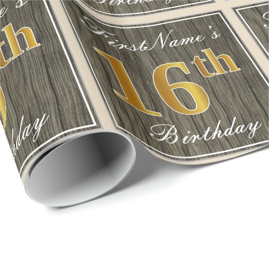 エレガント木フェイク材、フェイク金ゴールド16番目の誕生日+名前 ラッピングペーパー (ロールコーナー)