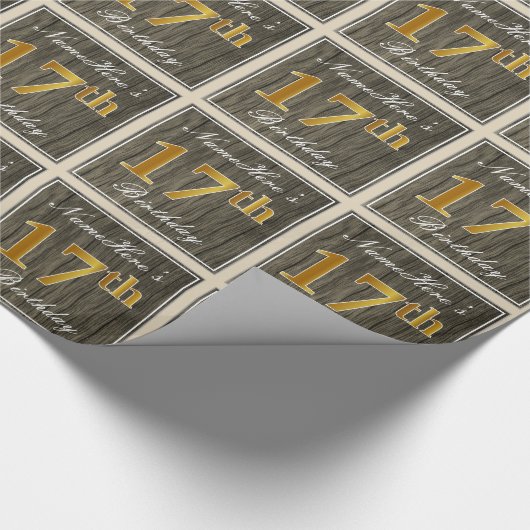 エレガント木フェイク材、フェイク金ゴールド17番目の誕生日+名前 ラッピングペーパー (角)