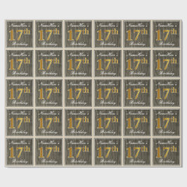 エレガント木フェイク材、フェイク金ゴールド17番目の誕生日+名前 ラッピングペーパー