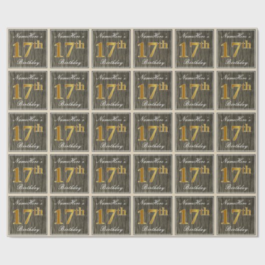 エレガント木フェイク材、フェイク金ゴールド17番目の誕生日+名前 ラッピングペーパー (フラット)