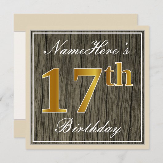 エレガント木フェイク材、フェイク金ゴールド17番目の誕生日+名前 招待状 (正面/裏面)