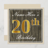 エレガント木フェイク材、フェイク金ゴールド20番目の誕生日+名前 招待状 (正面/裏面)