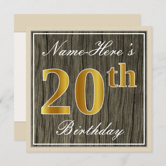 エレガント木フェイク材、フェイク金ゴールド20番目の誕生日+名前 招待状 (正面/裏面)