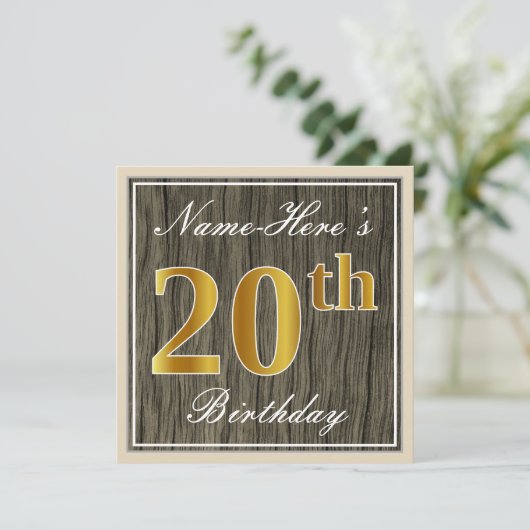 エレガント木フェイク材、フェイク金ゴールド20番目の誕生日+名前 招待状 (スタンド正面)