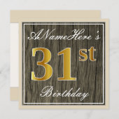 エレガント木フェイク材、フェイク金ゴールド31番目の誕生日+名前 招待状 (正面/裏面)