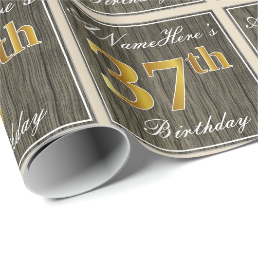 エレガント木フェイク材、フェイク金ゴールド37番目の誕生日+名前 ラッピングペーパー (ロールコーナー)