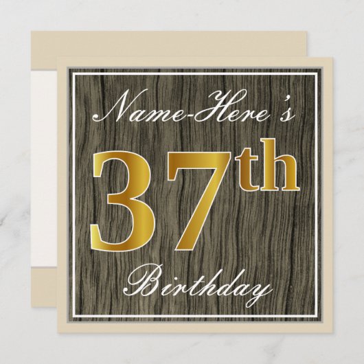 エレガント木フェイク材、フェイク金ゴールド37番目の誕生日+名前 招待状 (正面/裏面)