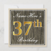 エレガント木フェイク材、フェイク金ゴールド37番目の誕生日+名前 招待状 (正面)