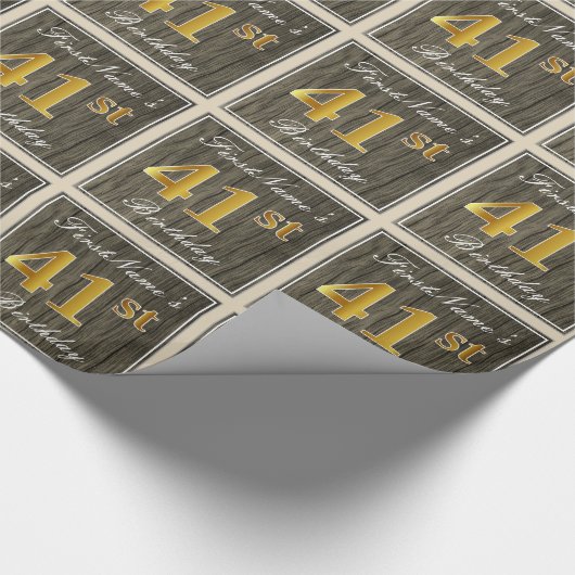 エレガント木フェイク材、フェイク金ゴールド41番目の誕生日+名前 ラッピングペーパー (角)