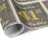 エレガント木フェイク材、フェイク金ゴールド41番目の誕生日+名前 ラッピングペーパー (ロールコーナー)