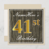 エレガント木フェイク材、フェイク金ゴールド41番目の誕生日+名前 招待状 (正面/裏面)