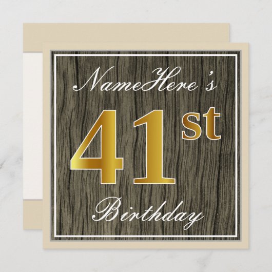 エレガント木フェイク材、フェイク金ゴールド41番目の誕生日+名前 招待状 (正面/裏面)
