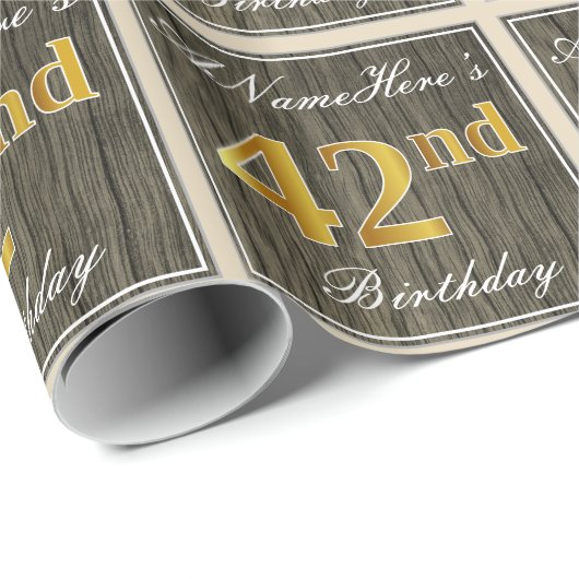 エレガント木フェイク材、フェイク金ゴールド42番目の誕生日+名前 ラッピングペーパー (ロールコーナー)