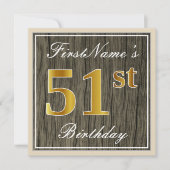 エレガント木フェイク材、フェイク金ゴールド51番目の誕生日+名前 招待状 (正面)