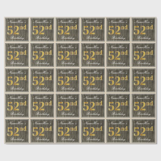 エレガント木フェイク材、フェイク金ゴールド52番目の誕生日+名前 ラッピングペーパー (フラット)