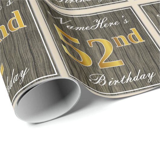 エレガント木フェイク材、フェイク金ゴールド52番目の誕生日+名前 ラッピングペーパー (ロールコーナー)