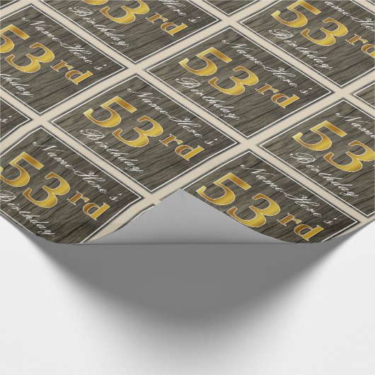 エレガント木フェイク材、フェイク金ゴールド53番目の誕生日+名前 ラッピングペーパー (角)