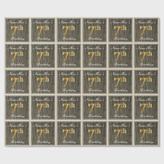 エレガント木フェイク材、フェイク金ゴールド7番目の誕生日+名前 ラッピングペーパー (フラット)