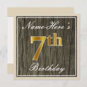 エレガント木フェイク材、フェイク金ゴールド7番目の誕生日+名前 招待状 (正面/裏面)