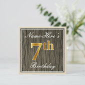 エレガント木フェイク材、フェイク金ゴールド7番目の誕生日+名前 招待状 (スタンド正面)