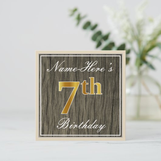 エレガント木フェイク材、フェイク金ゴールド7番目の誕生日+名前 招待状 (スタンド正面)