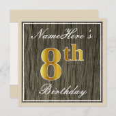 エレガント木フェイク材、フェイク金ゴールド8誕生日+名前 招待状 (正面/裏面)