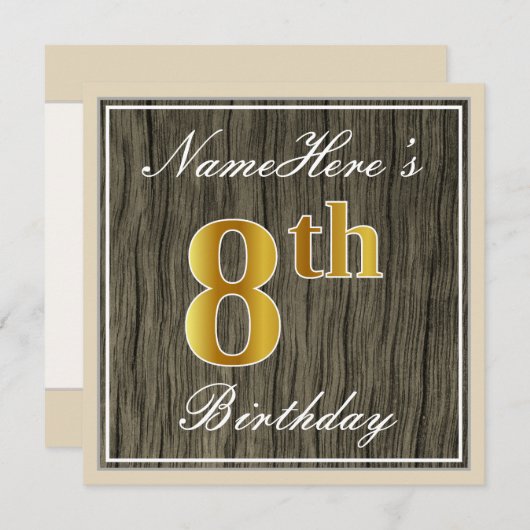 エレガント木フェイク材、フェイク金ゴールド8誕生日+名前 招待状 (正面/裏面)