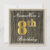 エレガント木フェイク材、フェイク金ゴールド8誕生日+名前 招待状 (正面)