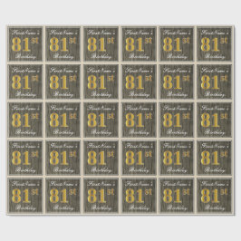 エレガント木フェイク材、フェイク金ゴールド81番目の誕生日+名前 ラッピングペーパー