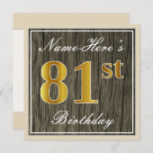 エレガント木フェイク材、フェイク金ゴールド81番目の誕生日+名前 招待状 (正面/裏面)