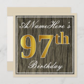 エレガント木フェイク材、フェイク金ゴールド97番目の誕生日+名前 招待状 (正面/裏面)