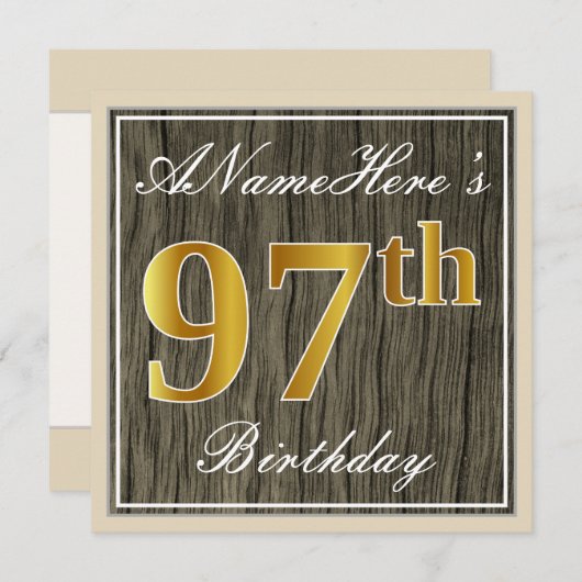 エレガント木フェイク材、フェイク金ゴールド97番目の誕生日+名前 招待状 (正面/裏面)