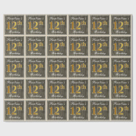 エレガント木フェイク、フェイク金ゴールド12誕生日+名前 ラッピングペーパー