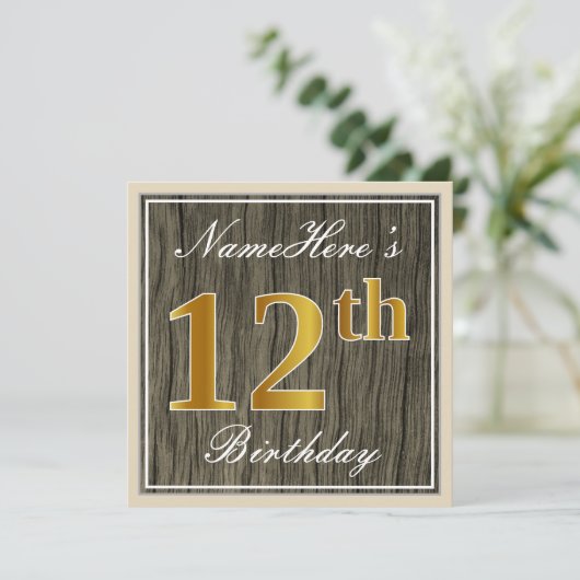 エレガント木フェイク、フェイク金ゴールド12誕生日+名前 招待状 (スタンド正面)