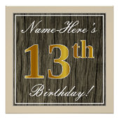 エレガント木フェイク、フェイク金ゴールド13番目の誕生日+名前 ポスター (正面)