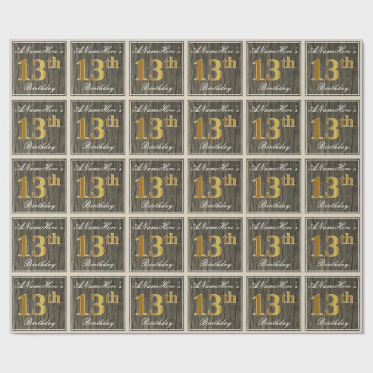 エレガント木フェイク、フェイク金ゴールド13番目の誕生日+名前 ラッピングペーパー (フラット)