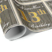 エレガント木フェイク、フェイク金ゴールド13番目の誕生日+名前 ラッピングペーパー (ロールコーナー)