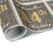 エレガント木フェイク、フェイク金ゴールド14番目の誕生日+名前 ラッピングペーパー (ロールコーナー)