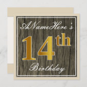 エレガント木フェイク、フェイク金ゴールド14番目の誕生日+名前 招待状 (正面/裏面)