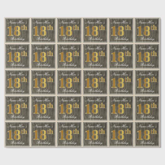 エレガント木フェイク、フェイク金ゴールド18誕生日+名前 ラッピングペーパー (フラット)