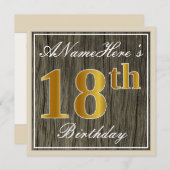 エレガント木フェイク、フェイク金ゴールド18誕生日+名前 招待状 (正面/裏面)